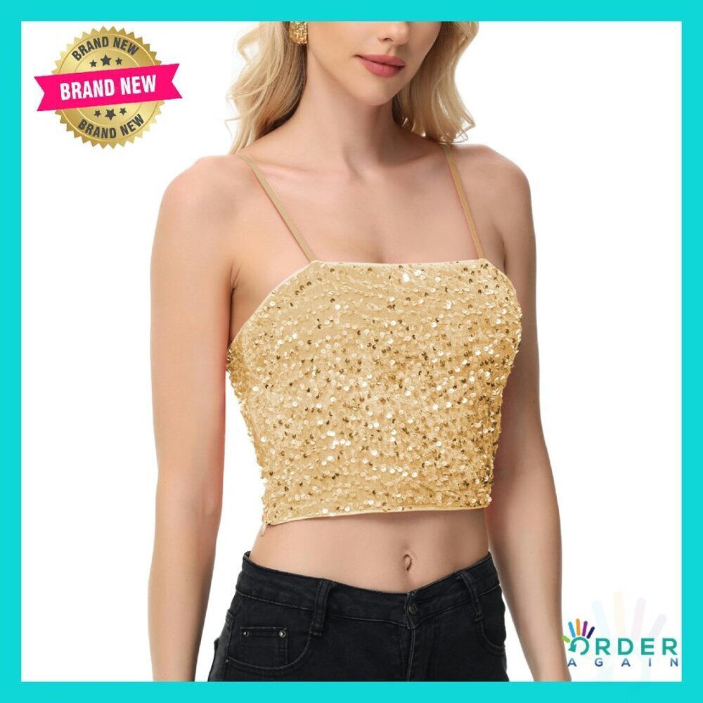 Sparkly Sequin Crop Cami Top Y2K Glitter Party Club Wear Adjustable Straps